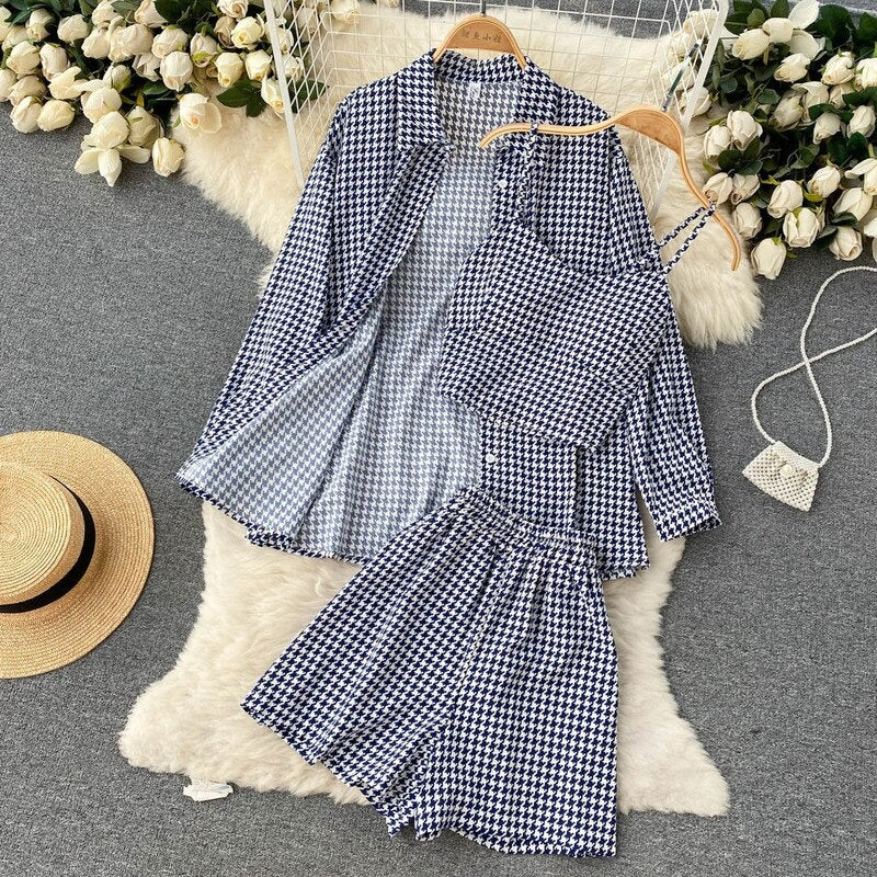 Three Pieces Shirt With Suspender Top And Short For Women Blue One Size