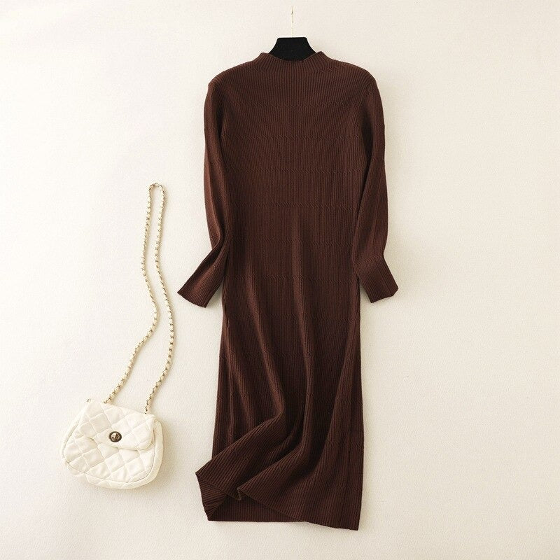 Mock Neck Slim A-Line Sweater Dress One Size Brown