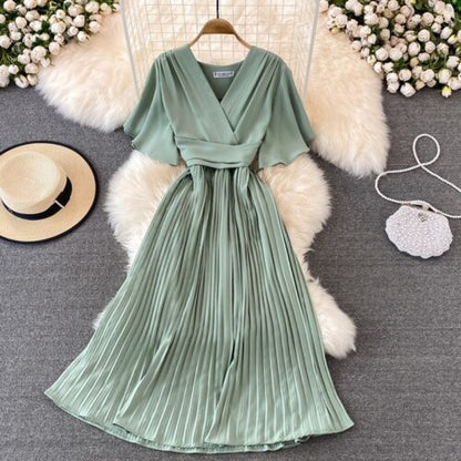 Elegant Solid Color V-neck Short Sleeve Dress For Women Mint Green