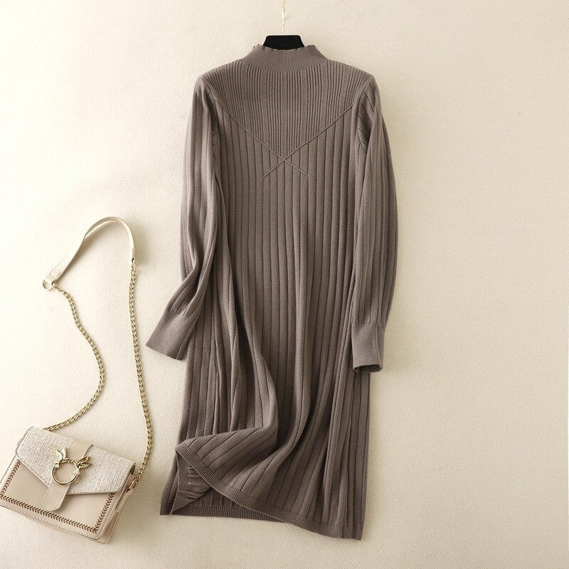 Slim Midi Mock Neck Sweater Dress For Women Gray One Size