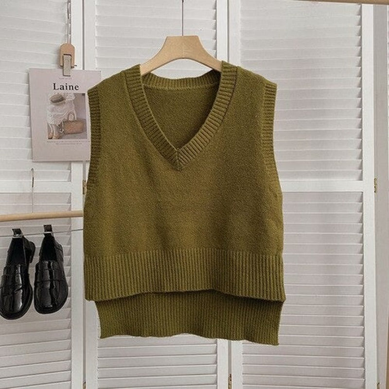 Loose Knitted V-Neck Sweater Vest For Women Green One Size