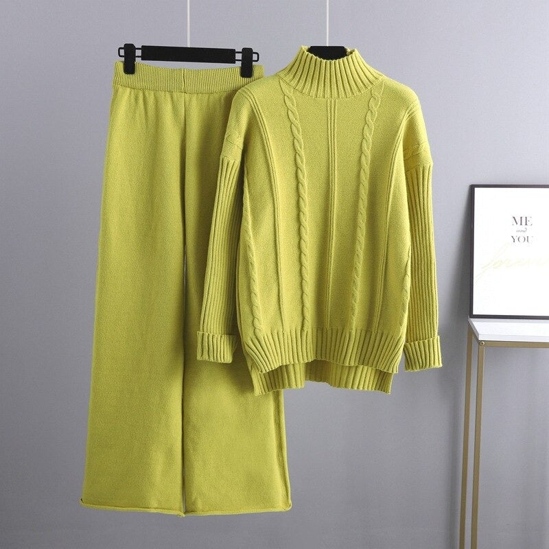 Warm Cashmere Sweater And Pants Sets For Women Neon Yellow One Size