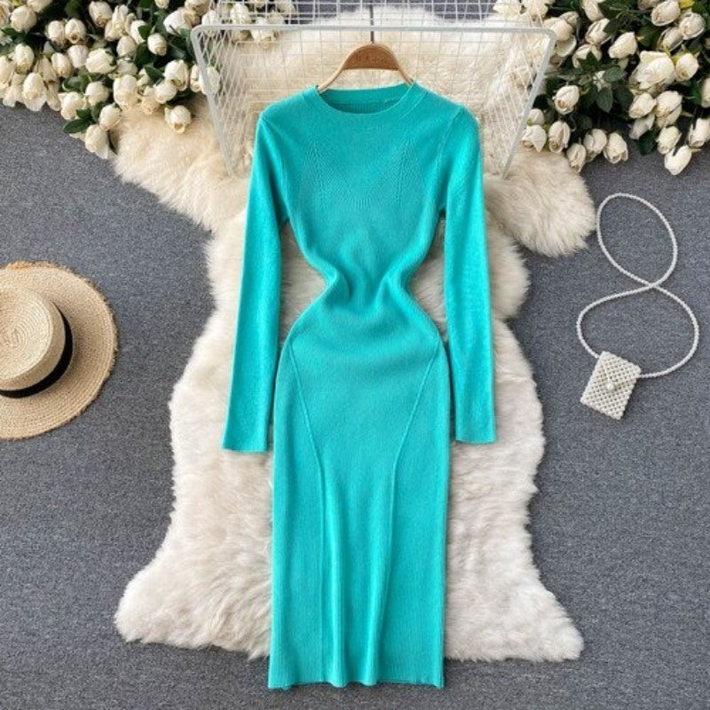 Elegant O Neck Tight Stretch Knit Dress For Women Cyan One Size