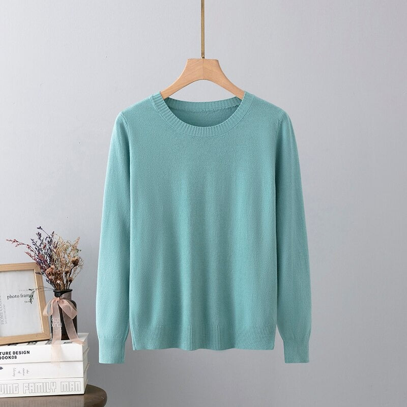 Warm Base Cashmere O-Neck Long-Sleeved Pullover Turquoise