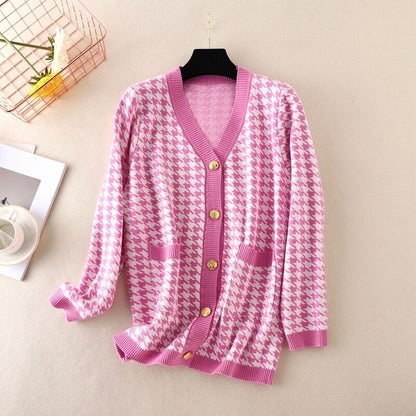 Elegant Houndstooth Knit Oversized Cardigan For Women Pink One Size