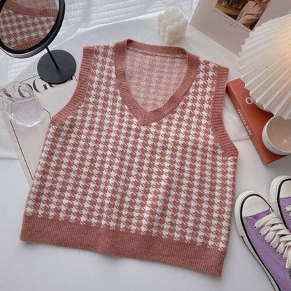 Casual Knitted Sleeveless Sweater Vest For Women Pink One Size