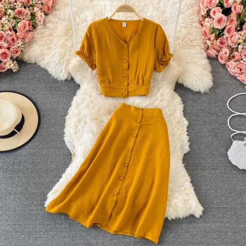 Retro Elegant Puff Sleeve Short Top With Skirt For Women Yellow One Size