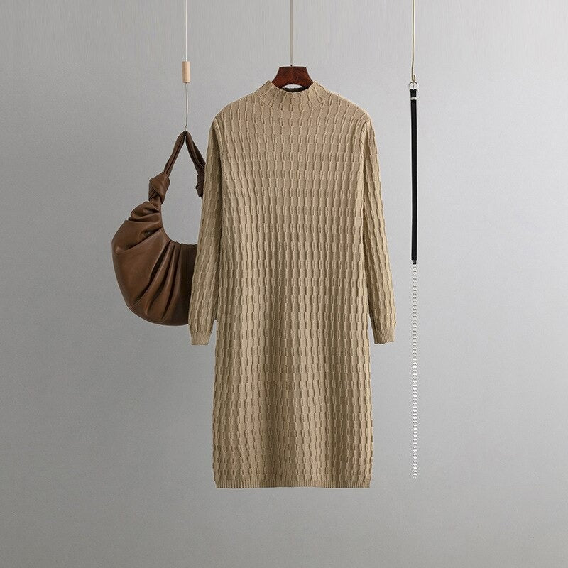 Casual Loose Knitted Long Sweater Dress With Belt One Size Khaki