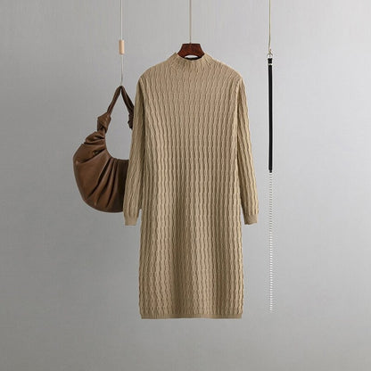 Casual Loose Knitted Long Sweater Dress With Belt One Size Khaki