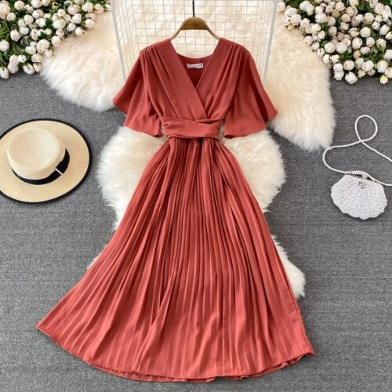 Elegant Solid Color V-neck Short Sleeve Dress For Women Red Pink