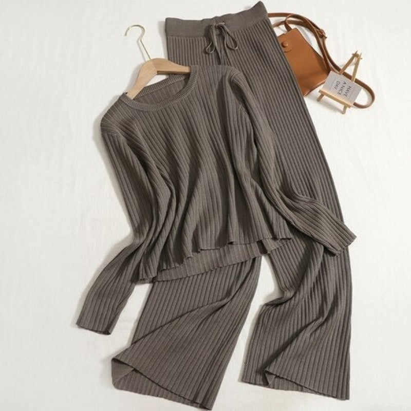 Warm Knitted Two Piece Tops And Pants Sets One Size Brown