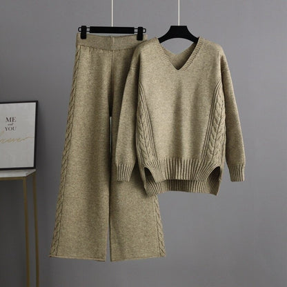 Loose Sweater And Knitted Wide Leg Pants For Women Green One Size