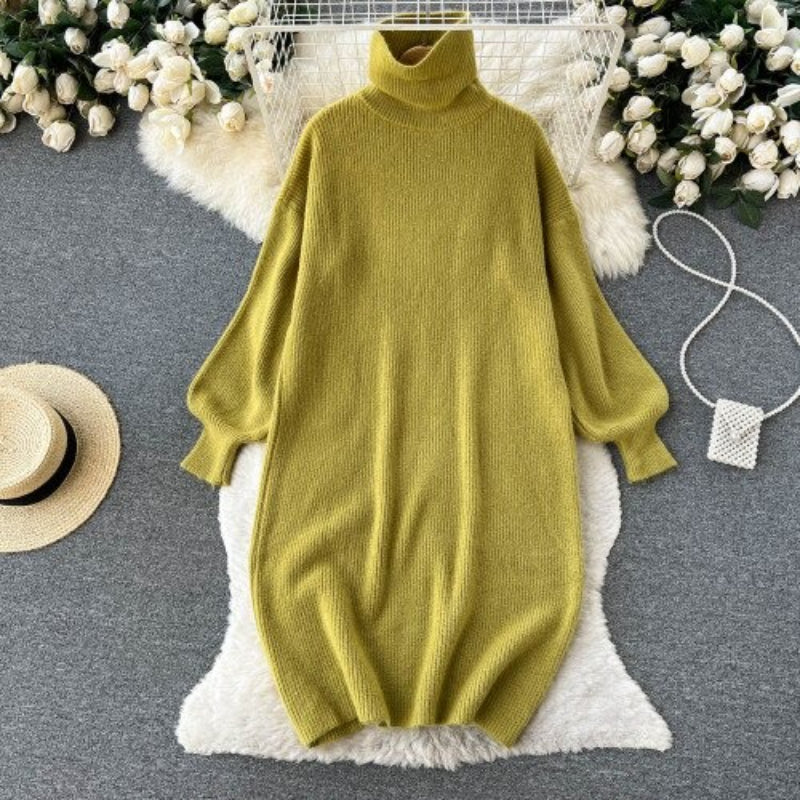 Loose Turtleneck Knitted Slim Long Woolen Dress One Size Olive Green