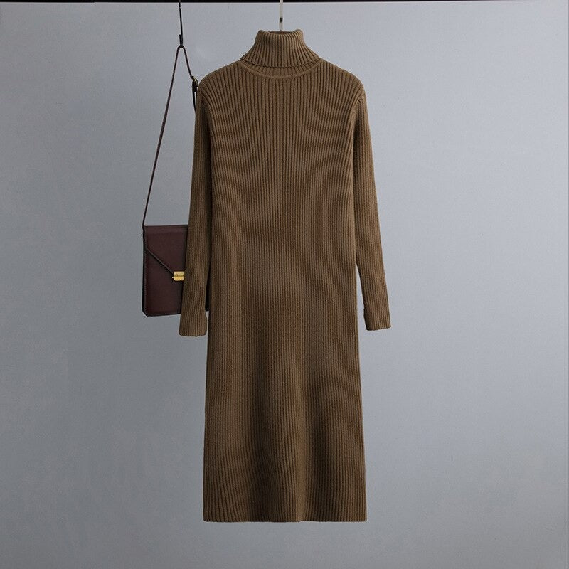 Turtleneck Ribbed Sweater Long Dress Brown One Size