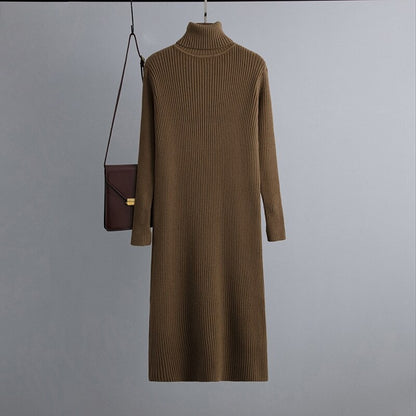 Turtleneck Ribbed Sweater Long Dress Brown One Size