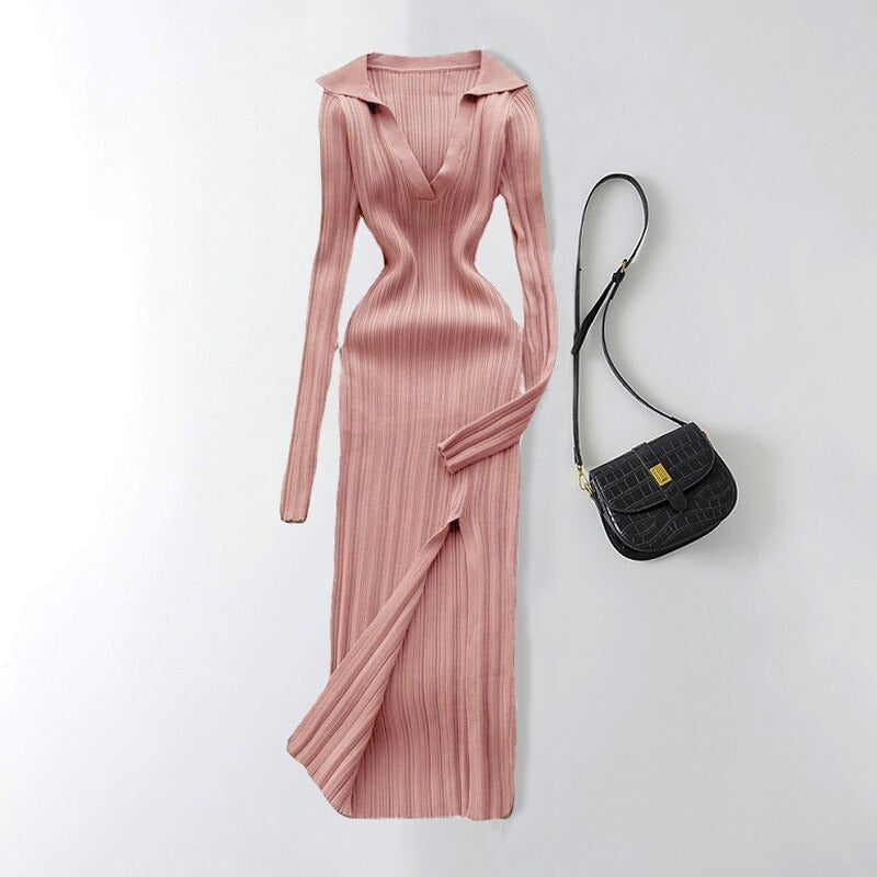 Slit Slim Knitted Square Neck Sheath Sweater Dress One Size Pink