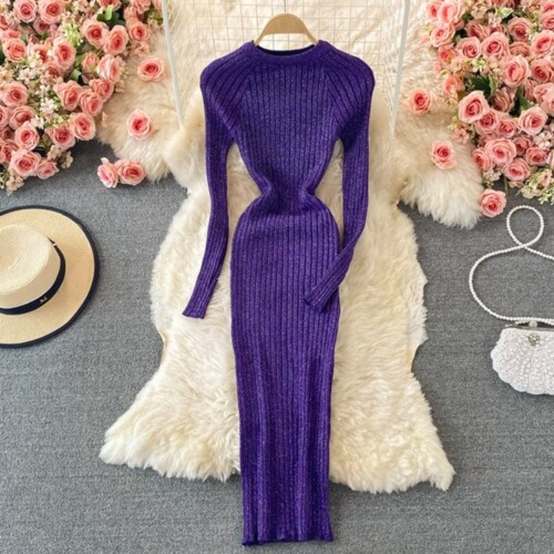 O-Neck Winter Knitted Bodycon Sweater Dress Purple One Size