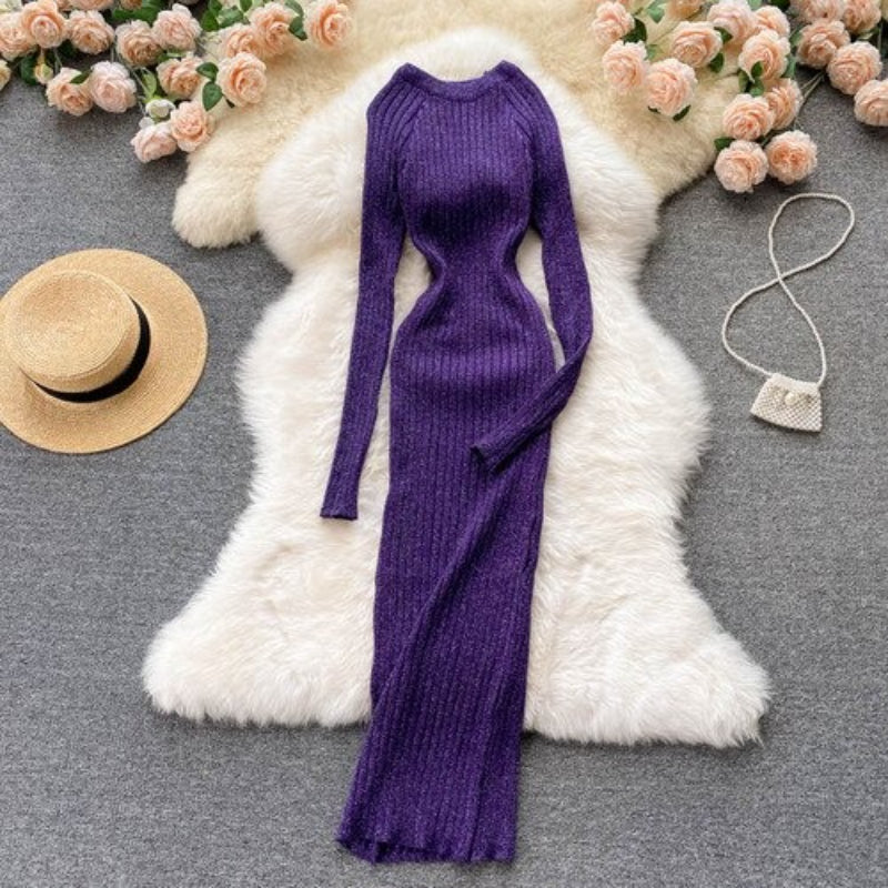 O-Neck Elastic Warm Knitted Sweater Dress One Size Purple