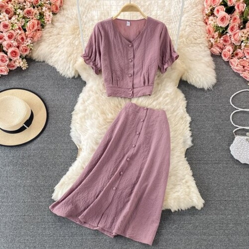 Retro Elegant Puff Sleeve Short Top With Skirt For Women Purple One Size