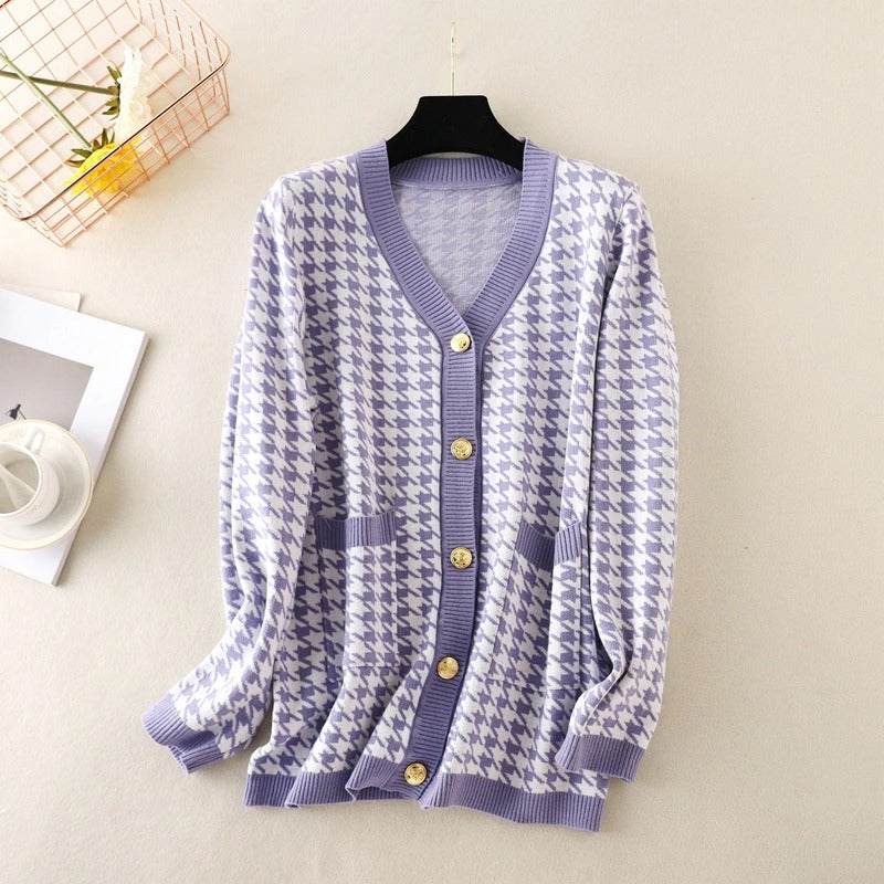 Elegant Houndstooth Knit Oversized Cardigan For Women Purple One Size