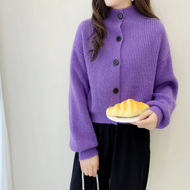 Retro Turtleneck Long Sleeved Sweater For Women Purple One Size