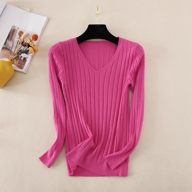 Basic V-Neck Solid Bodycon Knitted Sweater For Women Pink One Size