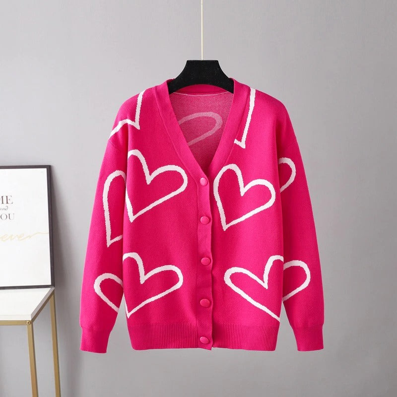 Heart Pattern Knit Oversized Drop Shoulder Cardigan Pink One Size