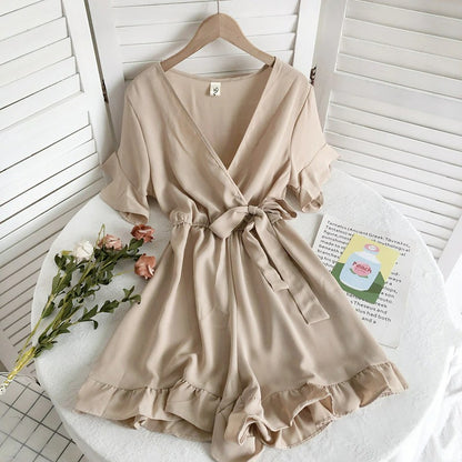 Women's Solid Color Short Ruffle Playsuit Cream One Size