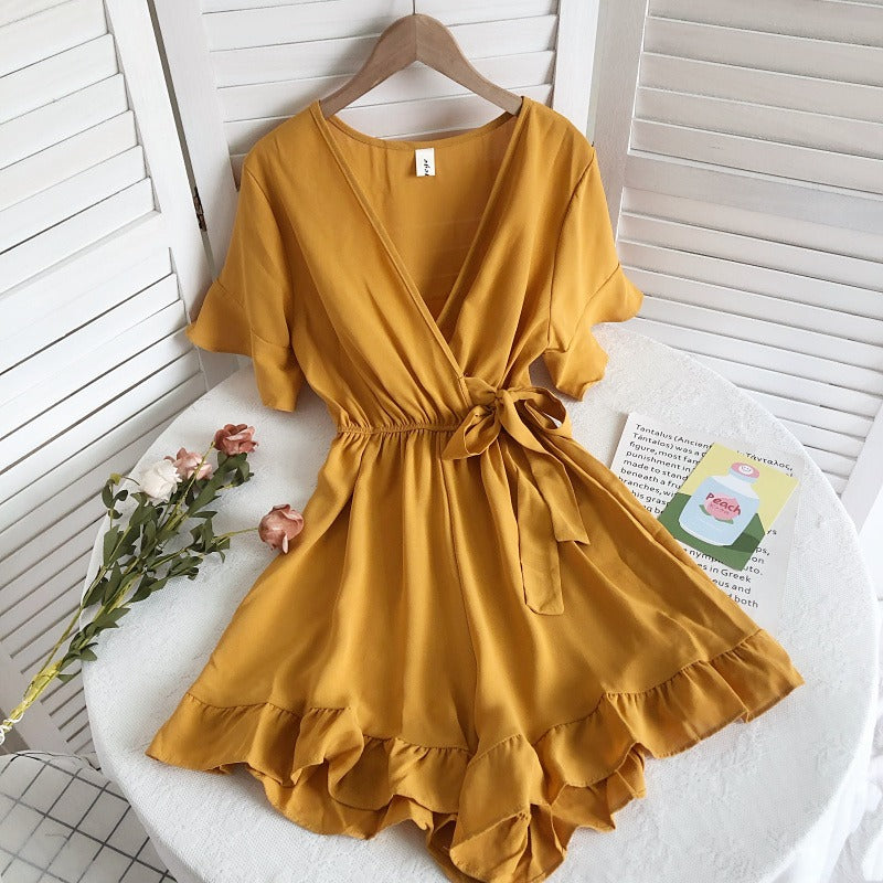 Women's Solid Color Short Ruffle Playsuit Yellow One Size