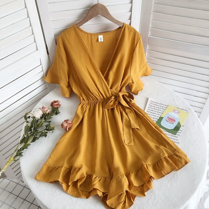 Women's Solid Color Short Ruffle Playsuit Yellow One Size