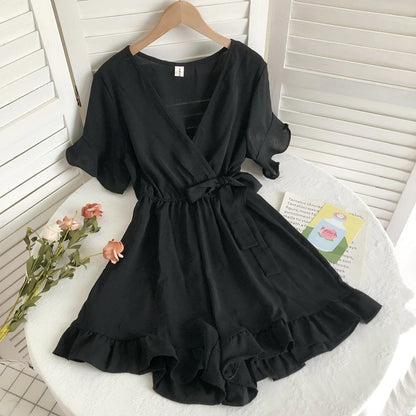 Women's Solid Color Short Ruffle Playsuit Black One Size