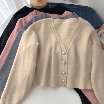 V-Neck Solid Long-Sleeved Knitted Cardigans For Women