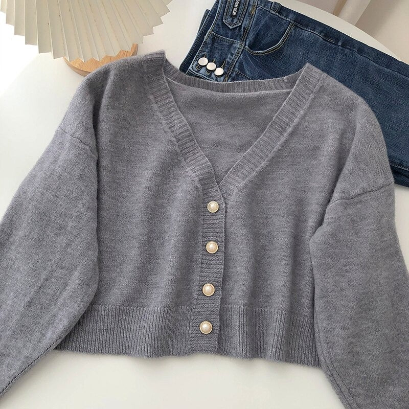 V-Neck Solid Long-Sleeved Knitted Cardigans For Women Gray One Size