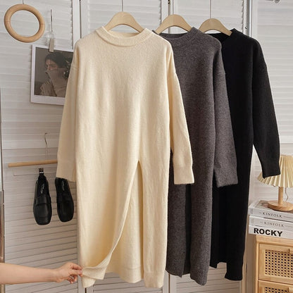 Women's Slitted Long-Sleeve Knitted Sweater Dress