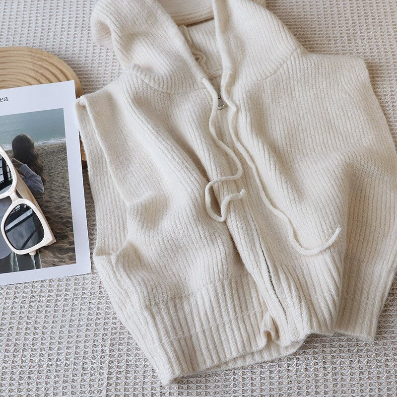 Hooded Loose Zipper Knit Sweater Vest White One Size