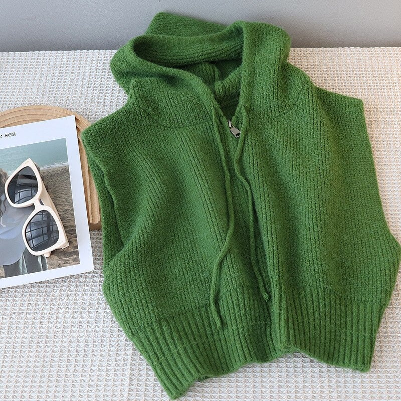 Hooded Loose Zipper Knit Sweater Vest Green One Size