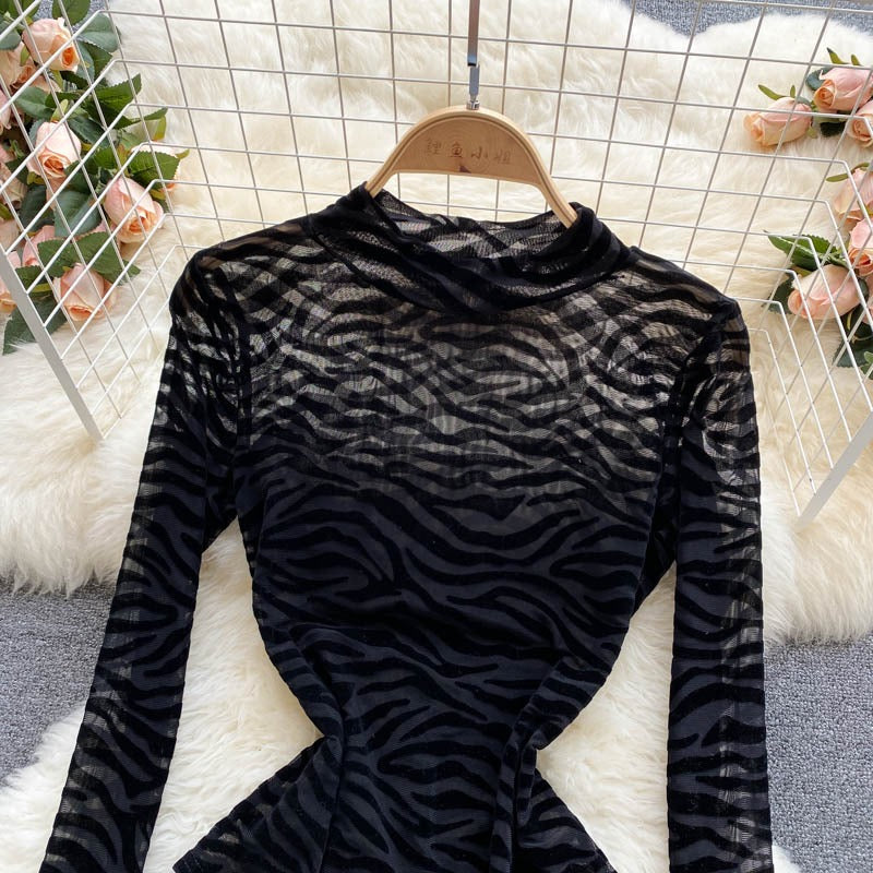 Black Mesh Long-Sleeved One-Piece Bodysuit