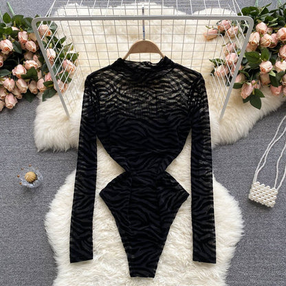 Black Mesh Long-Sleeved One-Piece Bodysuit