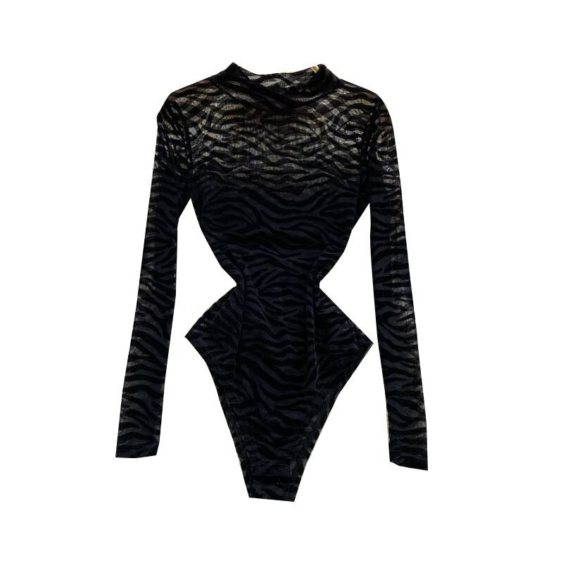 Black Mesh Long-Sleeved One-Piece Bodysuit One Size