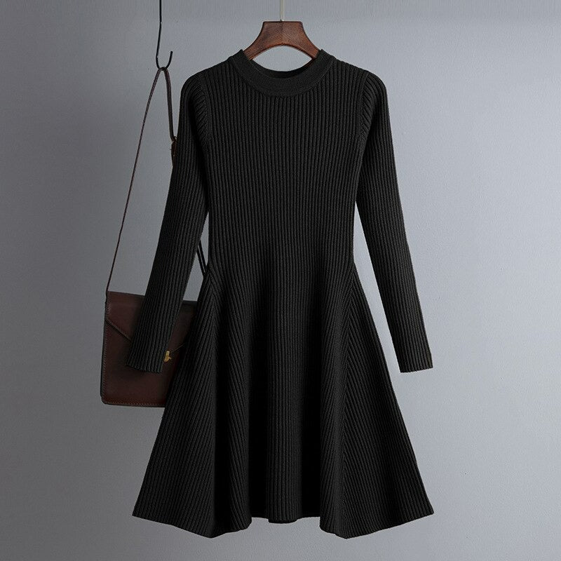 Women's Solid Color Knitted Sweater Dress Black One Size