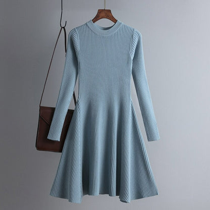 Women's Solid Color Knitted Sweater Dress Blue One Size