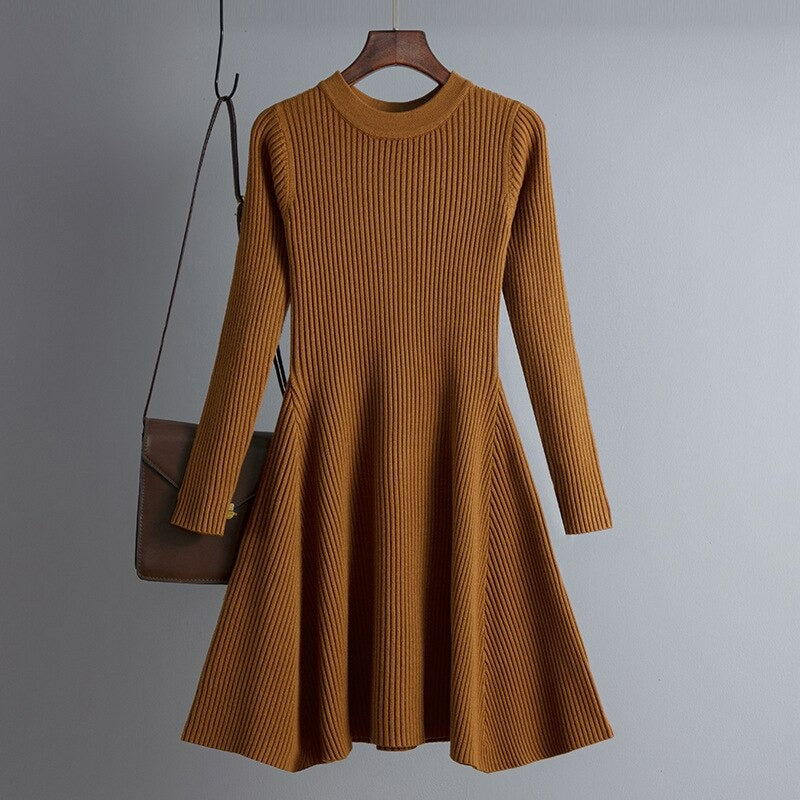 Women's Solid Color Knitted Sweater Dress Auburn One Size