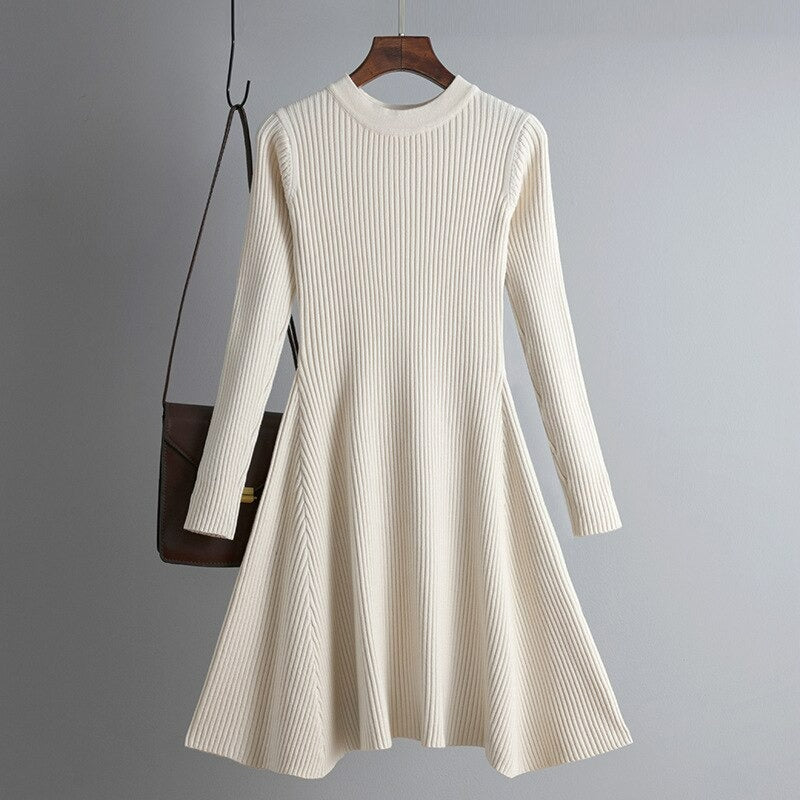 Women's Solid Color Knitted Sweater Dress Apricot One Size