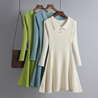 Solid Collar Neck Women's Sweater Dress