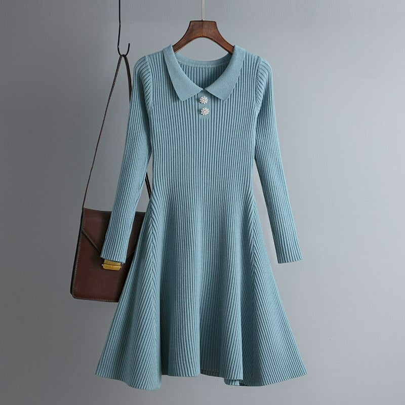 Solid Collar Neck Women's Sweater Dress Blue