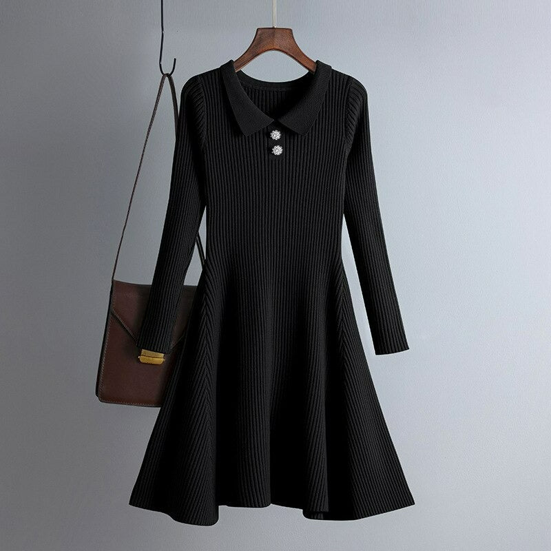 Solid Collar Neck Women's Sweater Dress Black