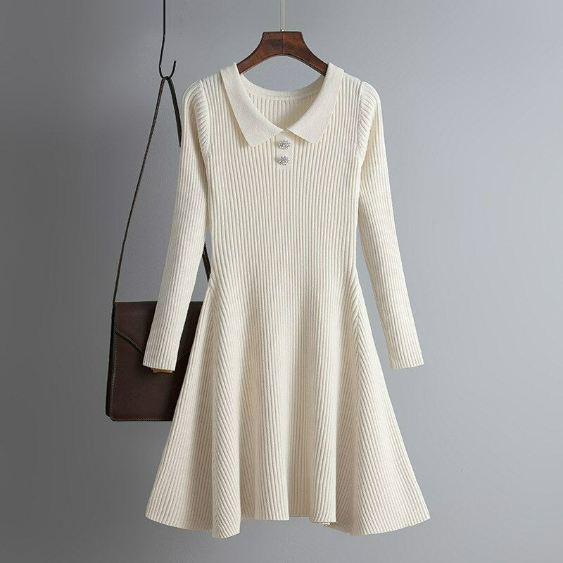 Solid Collar Neck Women's Sweater Dress Off White