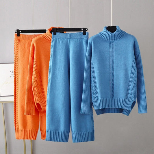 Turtleneck Thickened Knitted Sweater And Pants For Women