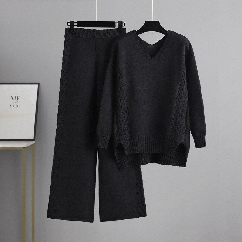 Loose Sweater And Knitted Wide Leg Pants For Women Black One Size