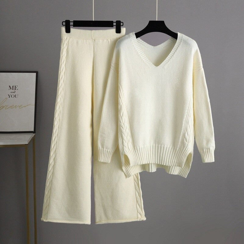 Loose Sweater And Knitted Wide Leg Pants For Women Off-White One Size